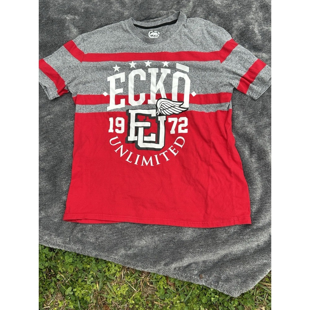 Ecko Unltd Mens Graphic T-Shirt Red Gray Striped FU Logo Y2K Streetwear 1972 - Picture 5 of 13